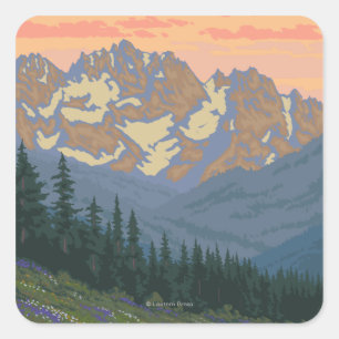 Pegatina Cuadrada Flores de primaveraAfiche de viaje WyomingVintage