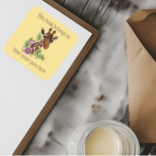 Pegatina Cuadrada Flores de retrato amarillo Giraffe Bookplate