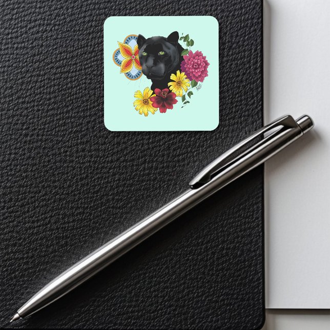 Pegatina Cuadrada Flores de retrato jaguar negro (Subido por el creador)