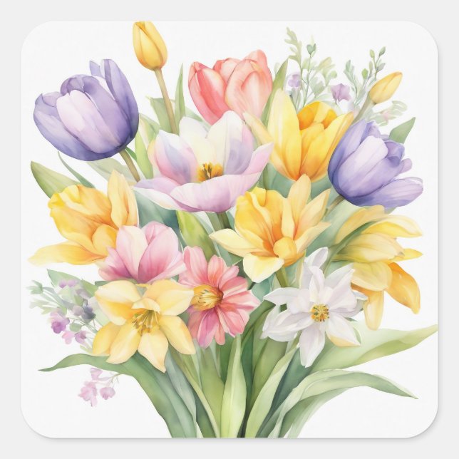 Pegatina Cuadrada Flores de Tulipanes de Primavera en Acuarela (Anverso)