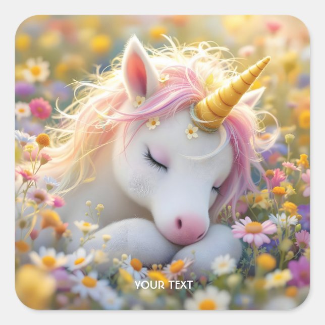 Pegatina Cuadrada Flores de unicornio de bebé de fantasía (Anverso)