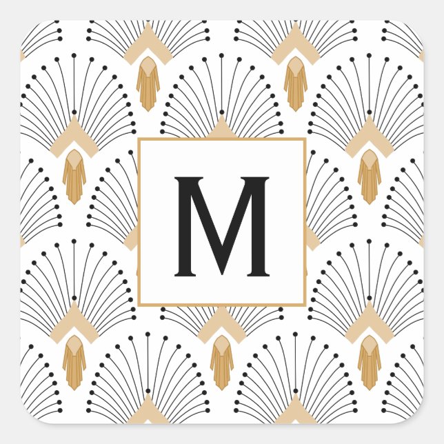 Pegatina Cuadrada Flores de ventilador blancas, doradas y negras Art (Anverso)