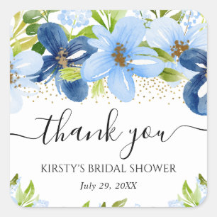 Pegatina Cuadrada Flores de verano azul acuarela ducha de novia