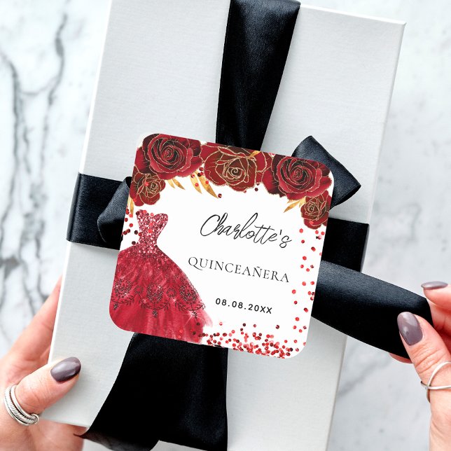 Pegatina Cuadrada Flores de vestir rojas Quinceanera blanco (Subido por el creador)