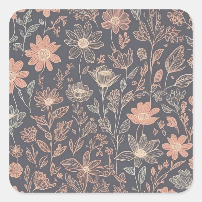Pegatina Cuadrada Flores dibujadas de línea gráfica de ilustracion s (Anverso)