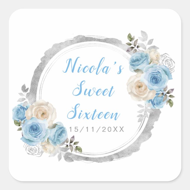 Pegatina Cuadrada Flores Dusty Blue Silver Elegante Dulce Dieciséis (Anverso)