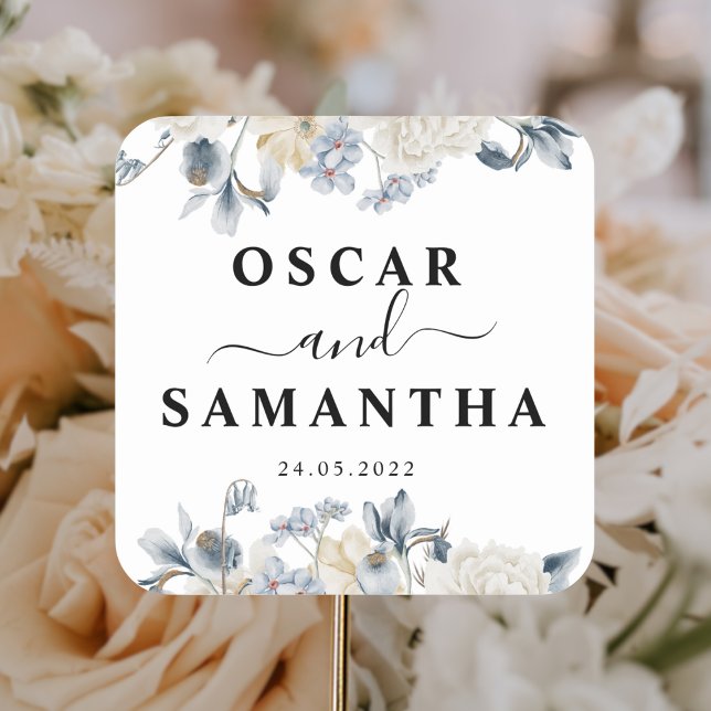 Pegatina Cuadrada Flores Elegantes De Invierno Azul Y Blanco (Subido por el creador)