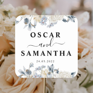 Pegatina Cuadrada Flores Elegantes De Invierno Azules Y Blancas