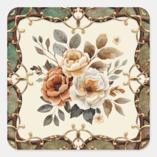 Pegatina Cuadrada Flores Elegantes Retro enmarcadas