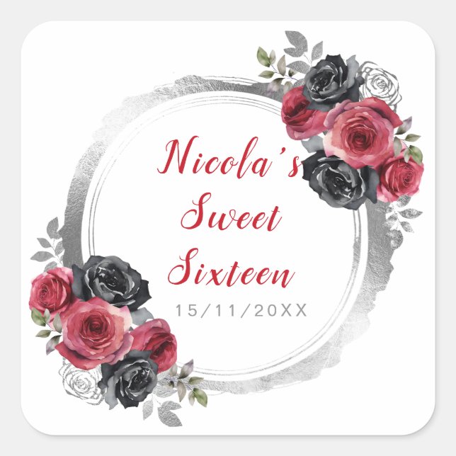 Pegatina Cuadrada Flores elegantes rojas y plateadas dulces Dieciséi (Anverso)