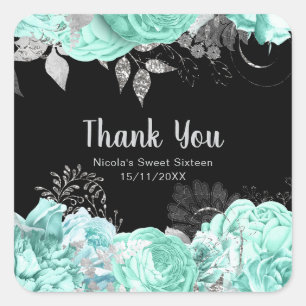 Pegatina Cuadrada Flores elegantes verdes y plateadas Sweet Sixteen