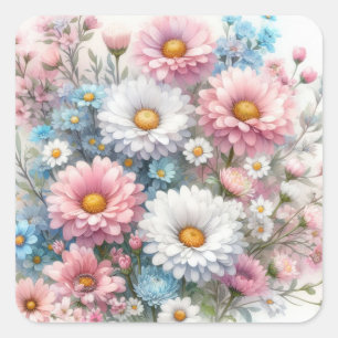 Pegatina Cuadrada Flores en acuarela en pasteles suaves
