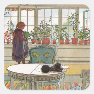 Pegatina Cuadrada Flores en el alféizar de Carl Larsson