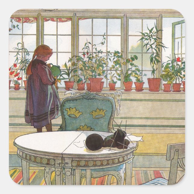 Pegatina Cuadrada Flores en el alféizar de Carl Larsson (Anverso)