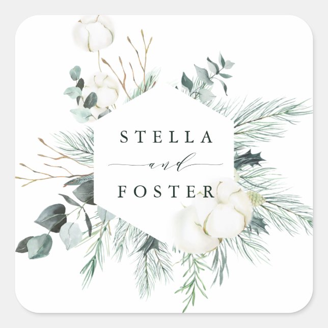 Pegatina Cuadrada Flores Evergreen y Cotton Elegante Boda Hexagón (Anverso)