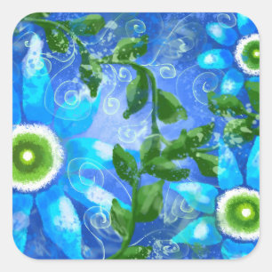 Pegatina Cuadrada Flores florales florales brillantes de color azul