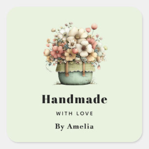 Pegatina Cuadrada Flores Hechas a Mano con Amor en una Maceta Acoged