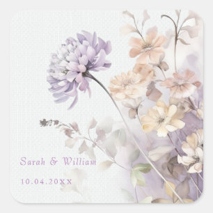 Pegatina Cuadrada Flores lilas románticas Sticker de boda