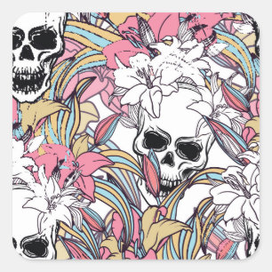 Pegatina Cuadrada Flores Lily Skulls: Boho Vintage.
