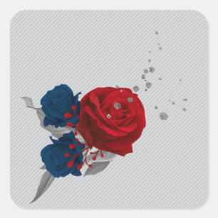 Pegatina Cuadrada flores marinas y rojas flor hojas grises corona