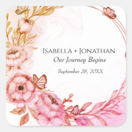 Pegatina Cuadrada Flores Naranja Rosa Personalizadas Mariposa Floral