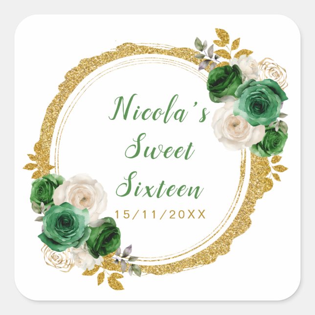 Pegatina Cuadrada Flores Oscuras Verdes y Oro Elegantes Dieciséis (Anverso)