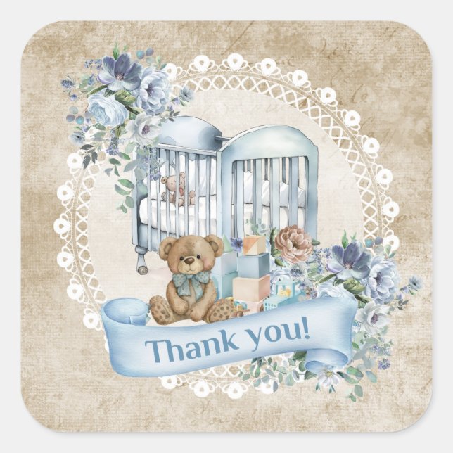 Pegatina Cuadrada Flores polvorientas azules y beiges eucalipto (Anverso)