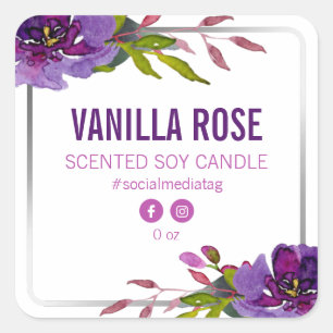 Pegatina Cuadrada Flores Púrpura En Etiquetas De Productos Blancos