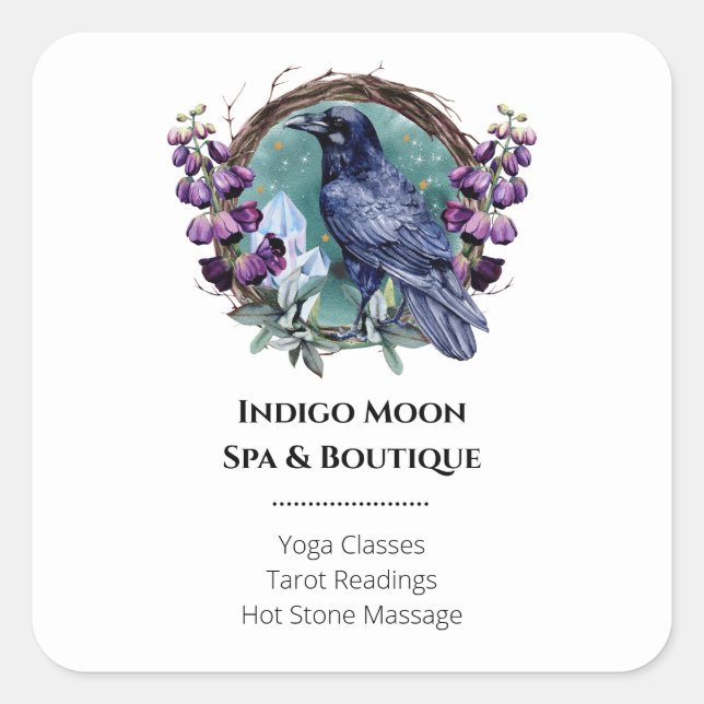 Pegatina Cuadrada Flores púrpuras Flores Celestiales Raven Crístales (Anverso)
