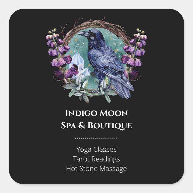 Pegatina Cuadrada Flores púrpuras Flores Celestiales Raven Crístales (Anverso)