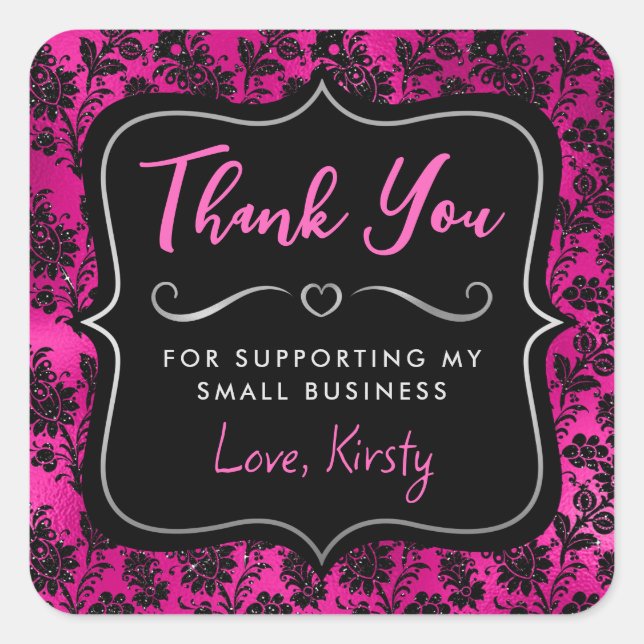 Pegatina Cuadrada Flores Purpurinas rosadas y negras calientes Peque (Anverso)