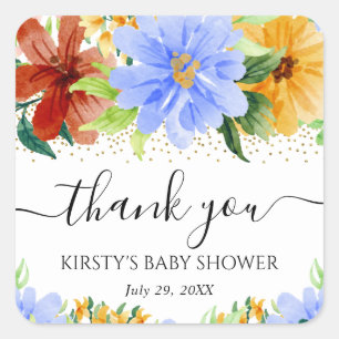 Pegatina Cuadrada Flores Rojas Amarillas y Azules Baby Shower