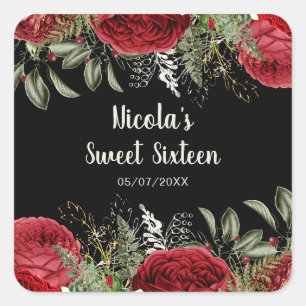 Pegatina Cuadrada Flores rojas elegantes de Navidad Sweet Sixteen
