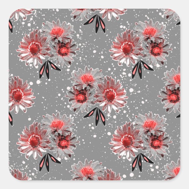 Pegatina Cuadrada Flores rojas en gris (Anverso)