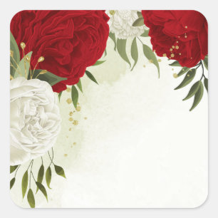 Pegatina Cuadrada flores rojas hojas verdes boda