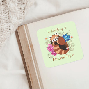 Pegatina Cuadrada Flores rojas panda Lotus Henna Bookplate