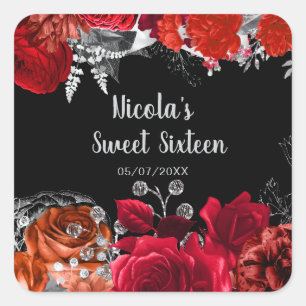 Pegatina Cuadrada Flores rojas y plateadas elegantes Sweet Sixteen