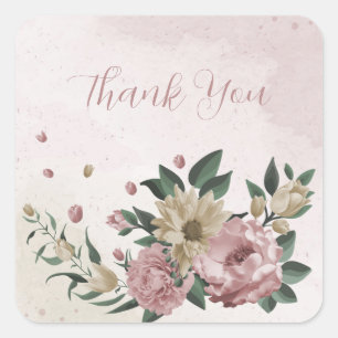 Pegatina Cuadrada flores románticas rosas y de champán gracias