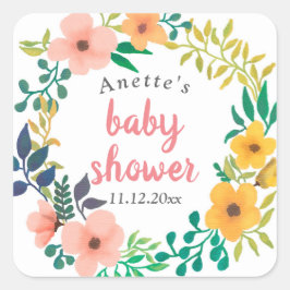 Pegatina Cuadrada Flores rosa acuarelas | BABY SHOWER