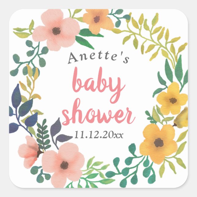 Pegatina Cuadrada Flores rosa acuarelas | BABY SHOWER (Anverso)