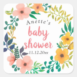 Pegatina Cuadrada Flores rosa acuarelas | BABY SHOWER