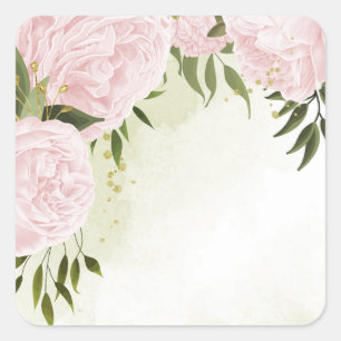 Pegatina Cuadrada Flores rosa boho hojas verdes botánicas