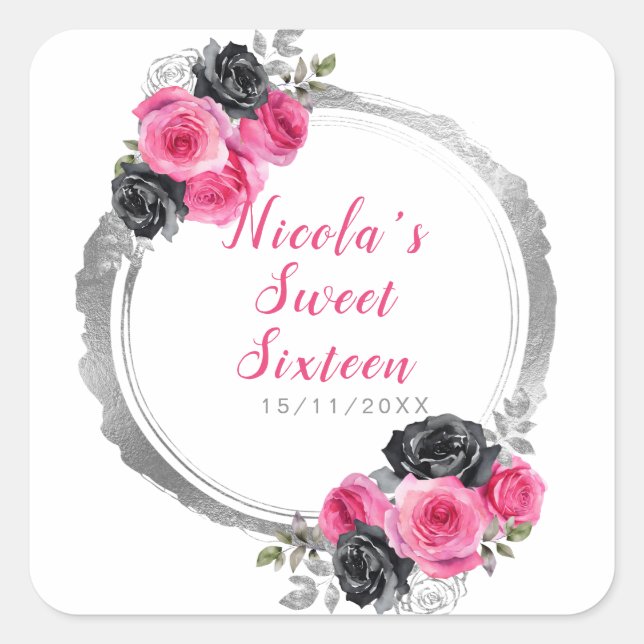 Pegatina Cuadrada Flores rosa caliente y plateadas elegantes 16 dulc (Anverso)