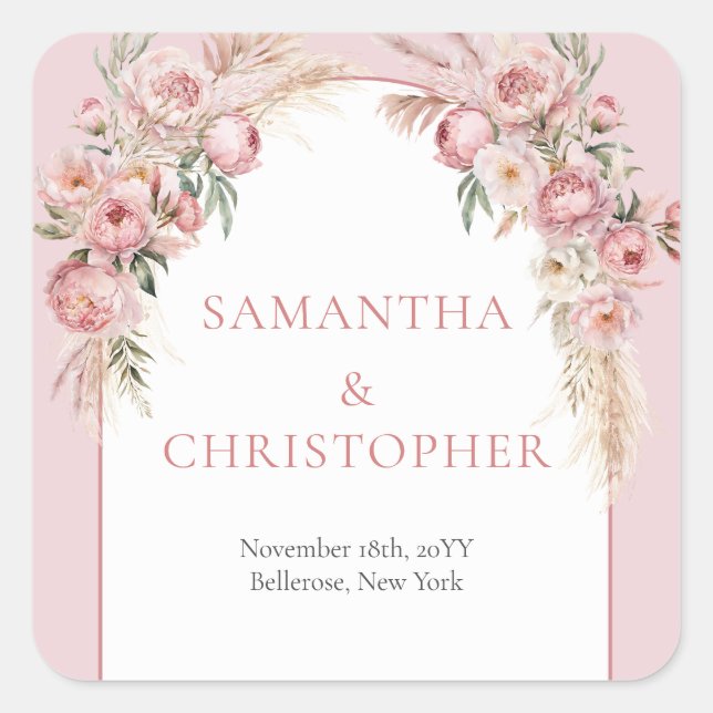 Pegatina Cuadrada Flores rosa color de agua rosado boho arco pampas (Anverso)