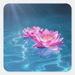 Pegatina Cuadrada Flores rosa de Lotus flotando en agua azul cristal
