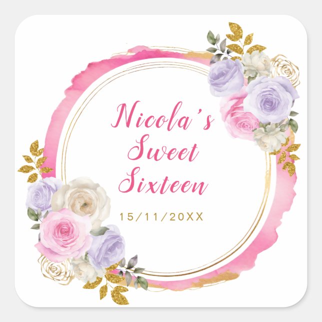 Pegatina Cuadrada Flores rosa y morado elegantes 16 (Anverso)