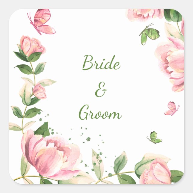 Pegatina Cuadrada Flores rosadas calientes hojas verdes mariposas bo (Anverso)