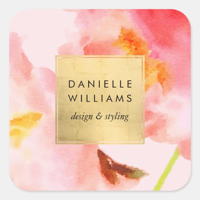 Pegatina Cuadrada Flores rosadas de acuarela de lujo con marco de fa (Anverso)
