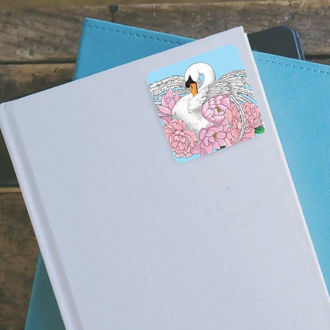 Pegatina Cuadrada Flores rosadas de cisne blanco (Subido por el creador)