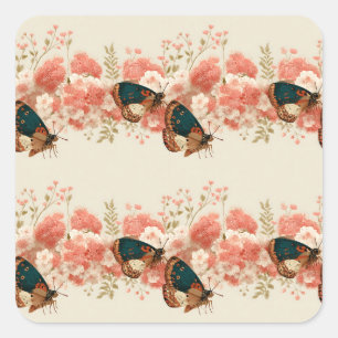 Pegatina Cuadrada Flores rosadas de primavera vintage con mariposas